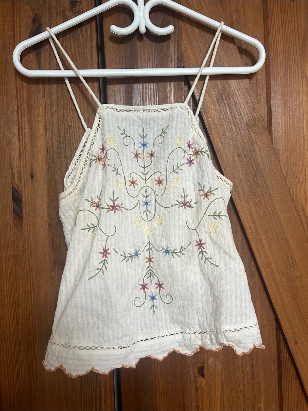 American Eagle Cotton Embroidered Cream Halter Tank Top - back tie